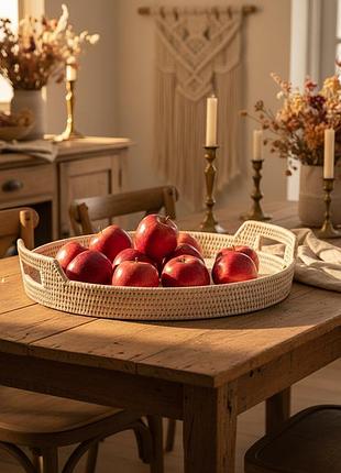 Поднос круглый с ручками плетеная изо ротанга, 48*5/9 см, 71037-white nai