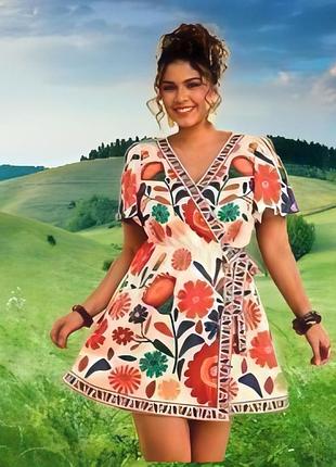 Платье женское shein xl короткое летнее повседневное с короткими рукавами на запах бежевый цветочный принт