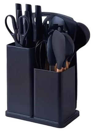 Набор кухонных принадлежностей mk kitchen set 19 предметов с подставкой и разделочной доской, черный,