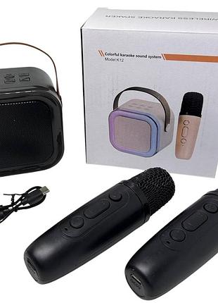 Караоке система дитяча колонка з 2 мікрофонами bluetooth з підсвічуванням регулятором гучності чорна бездротова k12