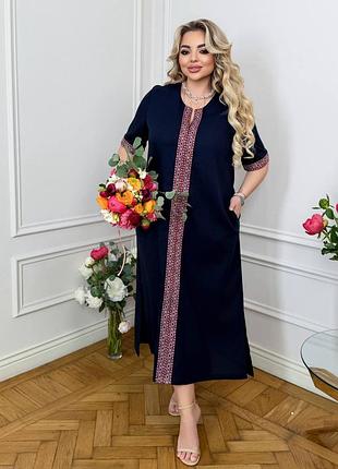 Льняное платье женское с вышитым орнаментом, длинное платье с вышивкой, разрезом по ноге