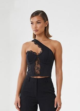 Чорний асиметричний топ-корсет prettylittlething на одне плече (uk 14 / l)