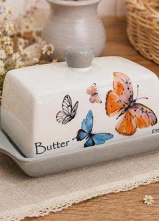 Маслянка керамічна з метеликами butter для зберігання та подачі масла, керамічна маслянка з кришкою