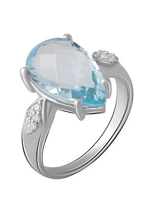 Серебряное родированное кольцо с натуральным топазом 5.355ct, проба 925, размер 17, голубой