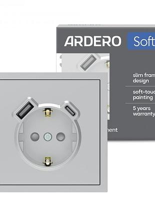 Розетка с дополнительными выходами usb/type-c ardero er123usb-s soft 18/20вт c заземлением серебро