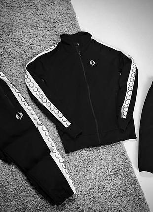 Мужской комплект fred perry черный (брюки+ зоп кофта+шорты)