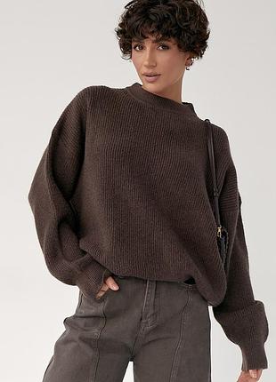 Вязаная теплая однотонная кофта - коричневый цвет, one size (имеется размеры)