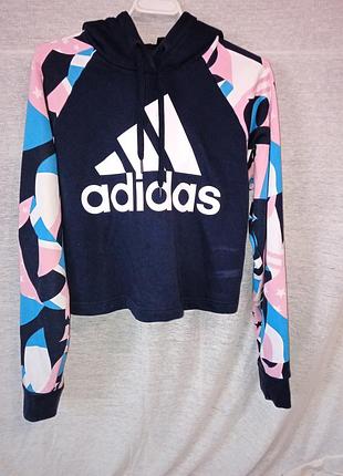 Женское кроп-худи adidas sport id printed crop, оригинальная укороченная толстовка адидас с капюшоном du0231 цветной спортивный свитшот кроп-топ
