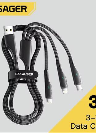 Кабель essager 3 в 1 usb – type-c / lightning / micro usb, 3a, швидка зарядка, нейлоновий