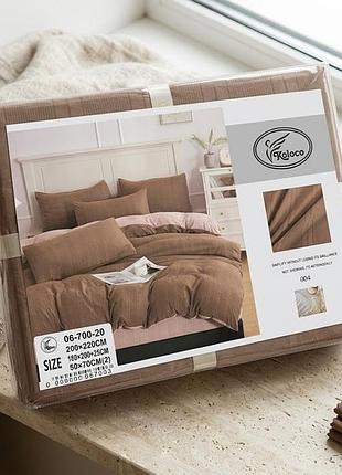 Постільна білизна євро з мусліну з простирадлом на резинці koloco 21376 200х220 см коричнева з бежевим