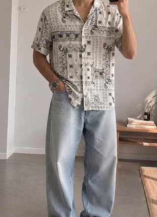 100% вискоза ☀️ рубашка zara relaxed fit 🌴 мужская рубашка с коротким рукавом бандана оверсайз