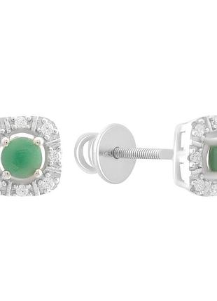 Серебряные серьги-пусеты 925 пробы с натуральным изумрудом 0.682ct и фианитами, родированные