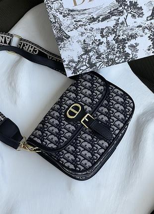 Сумка christian dior bobby на широкому ременці сіро-чорний текстиль