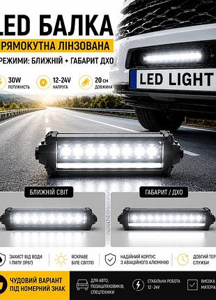 Led балка 20см 30w 12-24v с четкой световой гранью, режимы ближний свет + габарит дхо. отличный вариант под номерной знак.