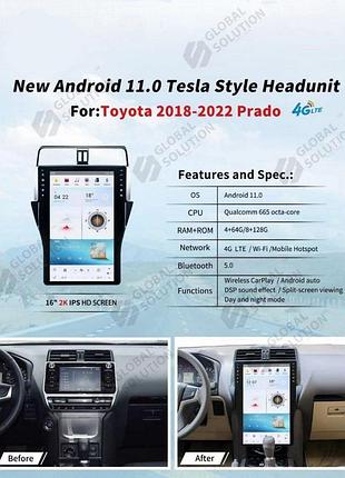 Штатна tesla style магнітола для toyota prado 2018–2022, android 11