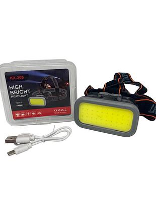 Фонарик налобный led аккум, type-c, 4 режима, в коробке