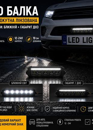 Led балка 19см 30w 12-24v с четкой световой гранью, режимы ближний свет + габарит дхо. отличный вариант под номерной знак.