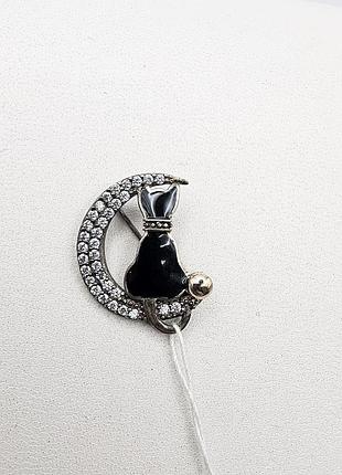 Брошка серебряная с кубическим цирконием "котик" 3,16 г