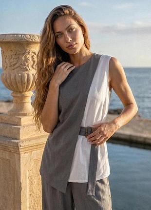 Льняний жилет з поясом xxl-3xl. молочний з сірим