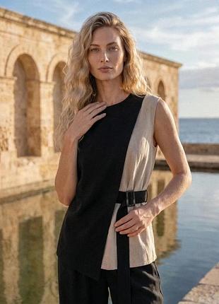 Льняний жилет з поясом l-xl. бежевий з чорним