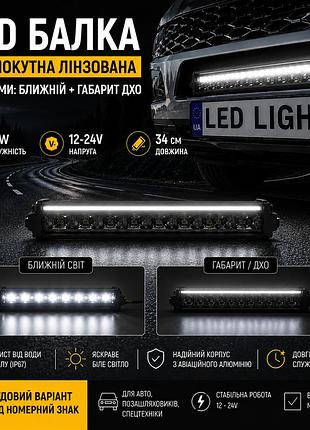 Led балка 34 см 60w 12-24v с четкой световой гранью, режимы ближний свет + габарит дхо. отличный вариант под номерной знак.