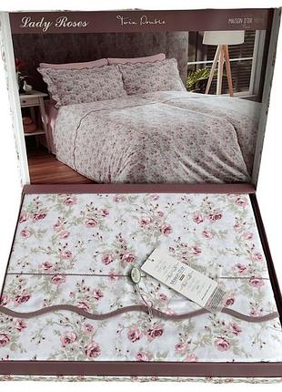 Комплект постільної білизни maison d'or lady roses rose сатин 220-160*2 см сімейне різнобарвне