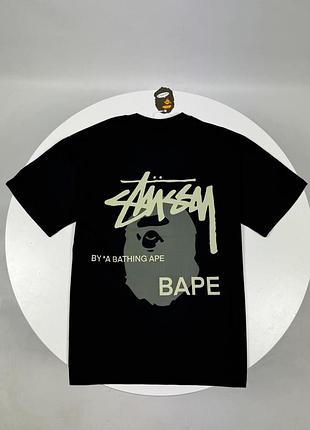 Футболка bape x stussy чоловіча чорна футболка бейп х стуссі чоловіча літня повсякденна m