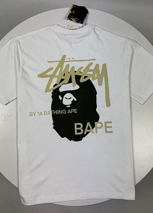 Футболка bape x stussy чоловіча біла футболка бейп х стуссі чоловіча літня повсякденна l