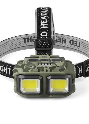 Налобний ліхтар hx-816-2cob led-ліхтарик акумуляторний сенсорний датчик руху 4 режими роботи червоне світло камуфляж
