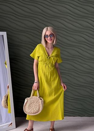 Сукня міді муслінова з коротким рукавом, блакитний, гірчичний