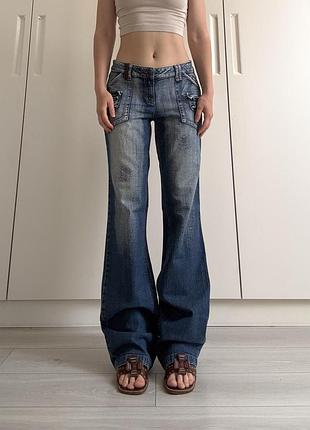 Джинсы 38 m синие средняя талия посадка клёш flared bootcut vintage винтаж 2000ые 90ые y2k