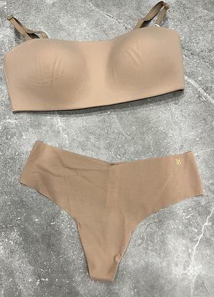 Безшовний комплект білизни victoria’s secret бежевий набір бандо вікторія сікрет