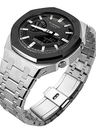 Комплект корпус та браслет для годинника g-shock gm-2100 срібло з чорним безелем