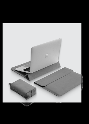 Чехол-конверт для ноутбука 13.6–14" | серый защитный кейс для macbook air / pro | pu кожа с органайзером
