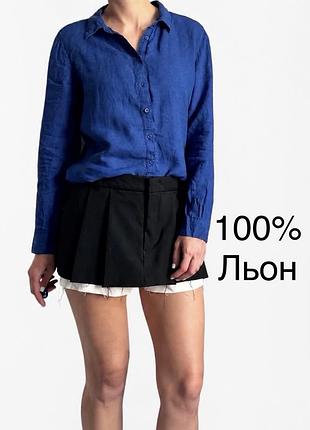 100% льон синя сорочка розмір м, з довгим рукавом від m&s кобальт