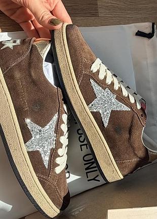 Жіночі кеди golden goose ball star  шоколадні замш коричневі зірка з глітеру нові
