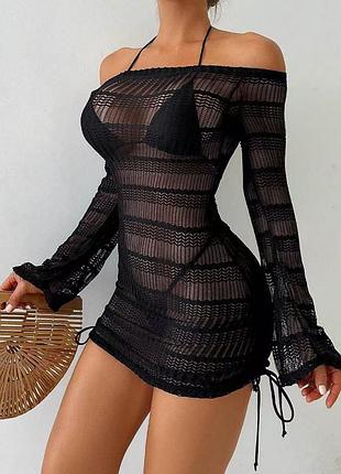 Купальник женский черный с туникой пляжный комплект 3 в 1 black pearl