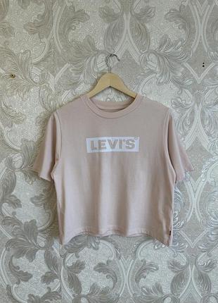 Ніжно рожева майка поло теніска топік топ укорочена футболка levis womens serif box logo cropped tee t shirt оригінал розмір xs