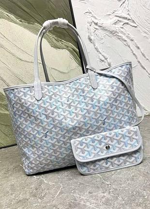 Сумка шоппер goyard у ніжному кольорі сіро блакитному з монограмою