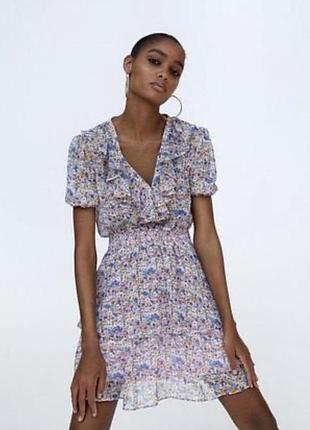 Сукня 👗 міні mango квітки 🌷 різнокольорові рожева шифон рюша , m,38
