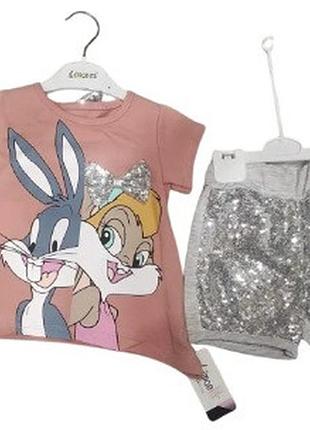 Костюм для девочки baby rose looney tunes летний с футболкой и шортами 104 см пудровый