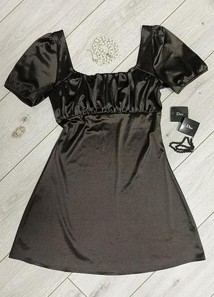 Темно-шоколадное сатиновое платье мини h&amp;m divided / атласное платье с рукавами-фонариками (размер m)