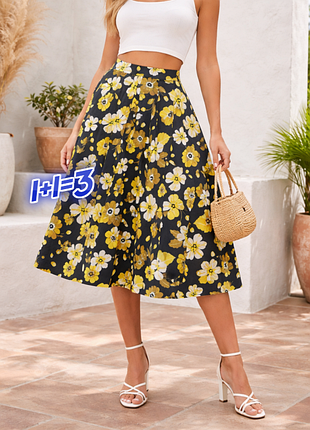 1+1=3 брендовая черная юбка миди в цветах marks &amp; spencer, размер 56 - 58