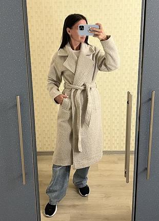 Длинное пальто с поясом бежевое платье нарядное, теплое осеннее пальто кашемир альпака шерсть
