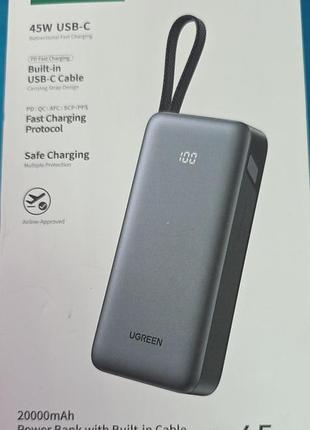Мощный повербанк ugreen 20000mah 45w со встроенным type-c кабелем