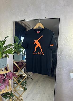Футболка puma usain bolt чорна з принтом силуету та автографом