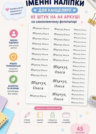 Именные наклейки на канцелярии универсальны для тетрадей, карандашей, ручек наклейки на канцтовары 45 шт а4 лист