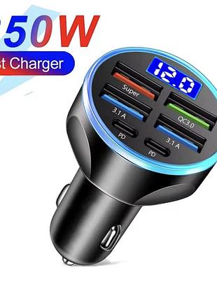Універсальний зарядний пристрій на 6 виходів usb + type-c (чорний) для авто