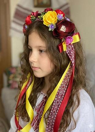 Обруч віночок чільце жовто-бордове зі стрічками