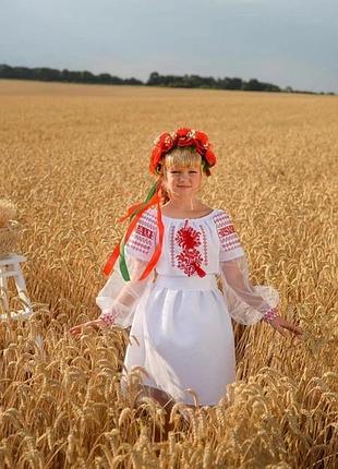 Плаття вишиванка для дівчаток біле з фатиновими рукавами, червона вишивка, габардин 128